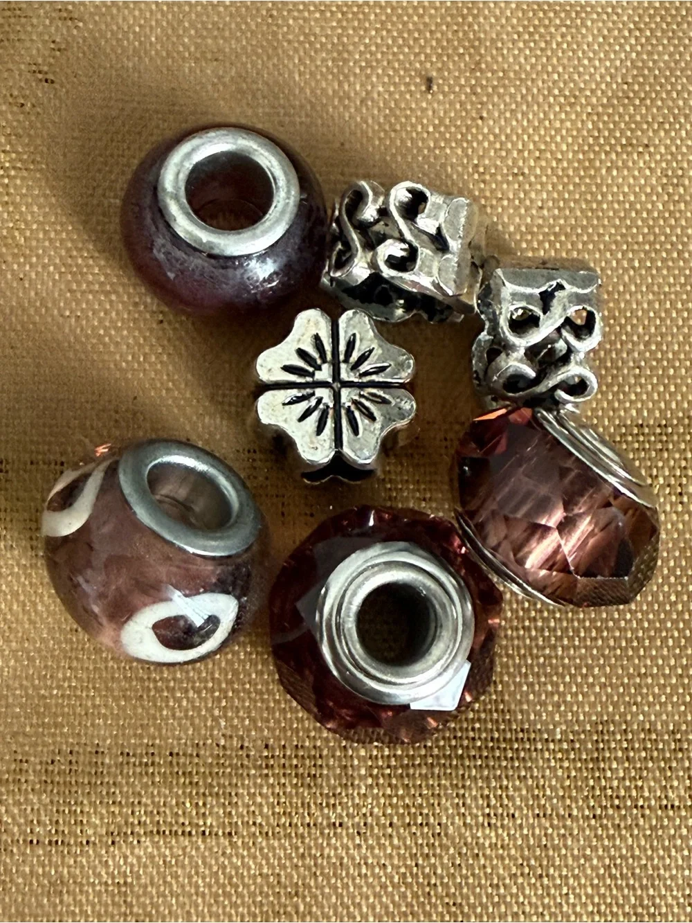 Silver and Plum Glass European Charm Beads